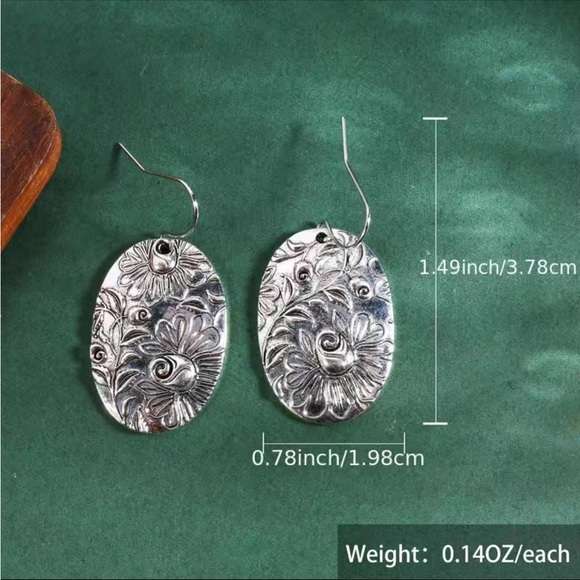 Silver Floral Embossed Oval Drop Earrings - Picture 2 of 5
